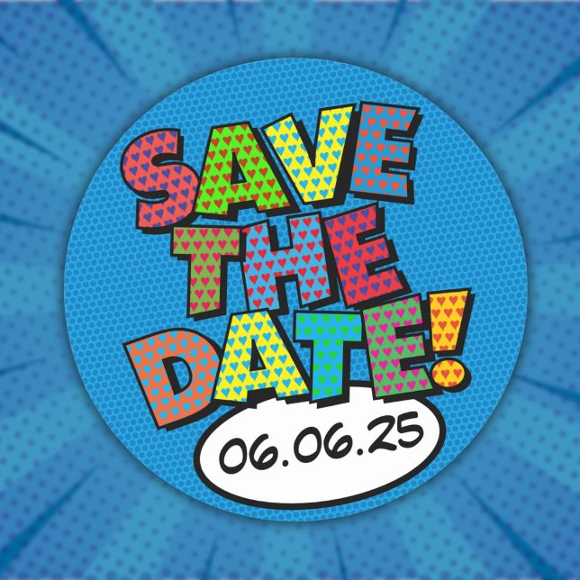 SAVE THE DATE Fun Retro Comic Book Pop Art Classic Round Sticker (SAVE THE DATE Fun Retro Comic Book Pop Art Classic Round Sticker)