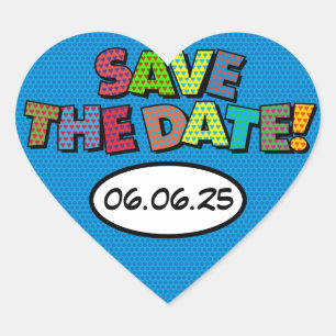 SAVE THE DATE Fun Retro Comic Book Pop Art Heart Sticker