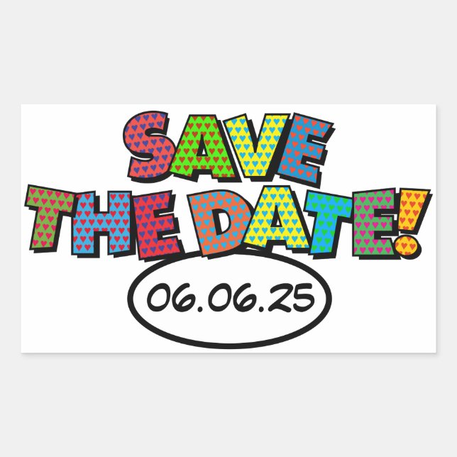 SAVE THE DATE Fun Retro Comic Book Pop Art Rectangular Sticker (Front)