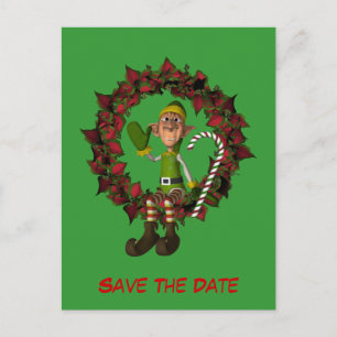 Save The Date Funny Elf On Wreath Holiday Announcement Postcard
