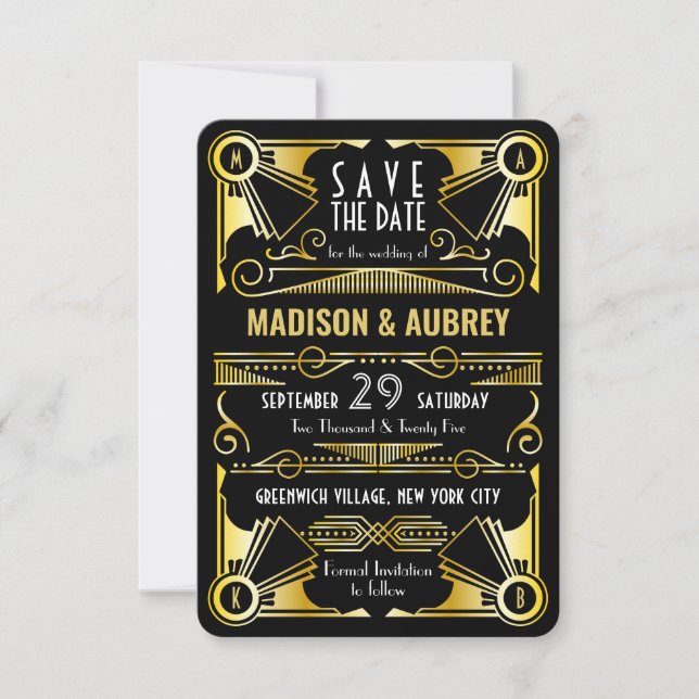 Save the Date Gatsby Wedding Art Deco Gold Black (Front)