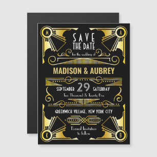 Save the Date Gatsby Wedding Art Deco Gold Black Magnetic Invitation
