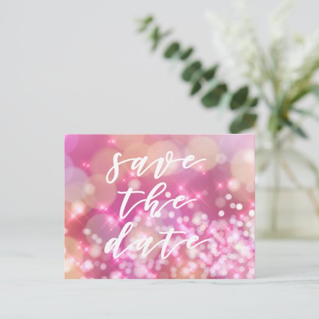 Save the date | Glamourous Pink Sparkles Postcard (Standing Front)