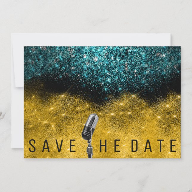 Save The Date Glitter Gold Black Teal Microphone (Front)