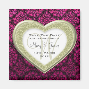 Save The Date Glitter Heart Gold Mod Lace Pink Magnet
