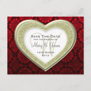Save The Date Glitter Heart Gold Mod Lace Red Announcement Postcard