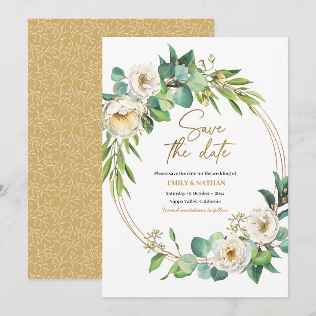 Save the date Gold and White floral Invitation (Front/Back)