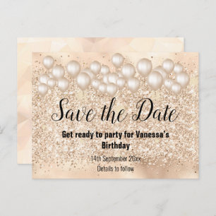 Save the Date Gold Balloons Glitter Announcement Postcard