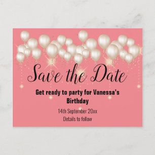 Save the Date Gold Balloons Sparkle PEACH Announcement Postcard