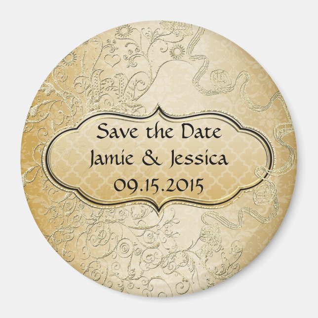 Save the Date Gold Black Swirly Love Birds Magnet (Front)