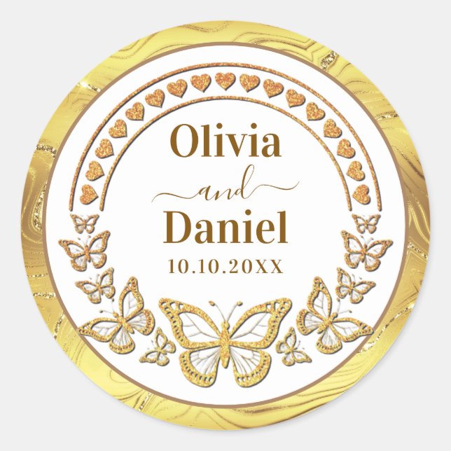 Save the Date, Gold Butterflies and Hearts Classic Round Sticker (Front)