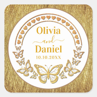 Save the Date, Gold Butterflies and Hearts Square Sticker