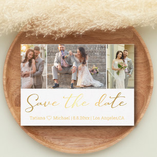 save the date gold calligraphy 3 photo card  