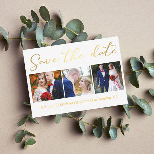 save the date gold chic wedding 3 photos collage card