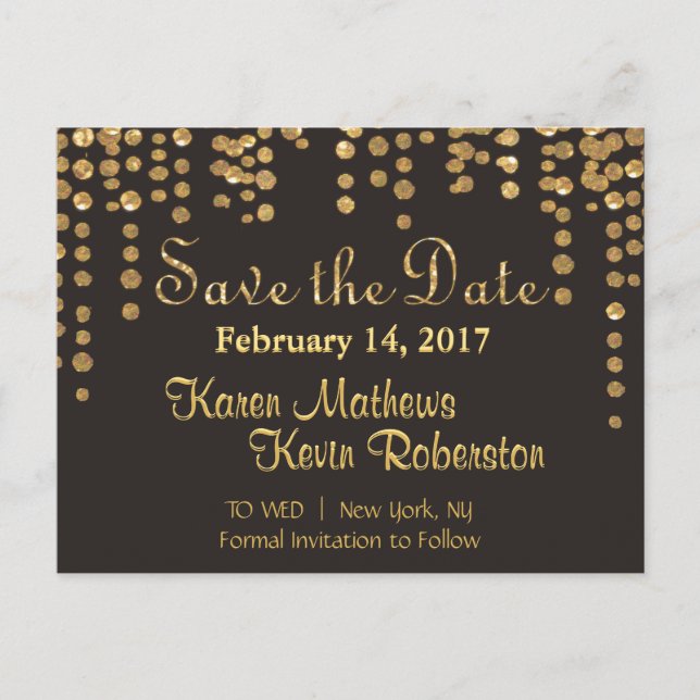 Save the Date | Gold Confetti Announcement Postcard (Front)