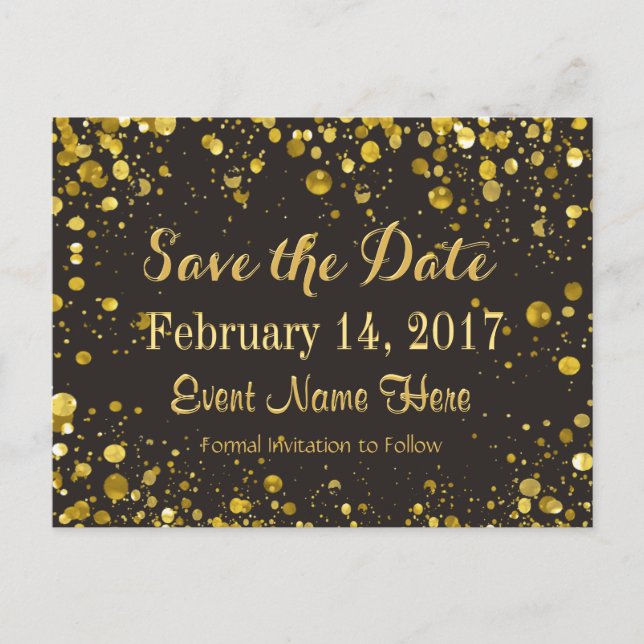 Save the Date | Gold Confetti Announcement Postcard (Front)