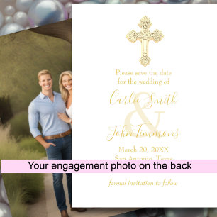 Save the Date Gold Cross Any Color Photo Back 8