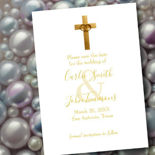 Save the Date Gold Cross with Wedding Rings