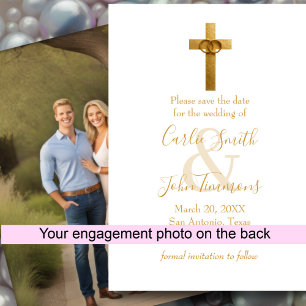 Save the Date Gold Cross with Wedding Rings Photo