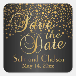 Save the Date Gold Dots and Black   Personalise Square Sticker