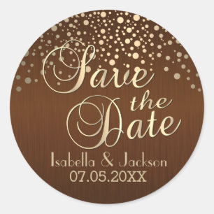 Save the Date Gold Dots and Brown Personalise Classic Round Sticker