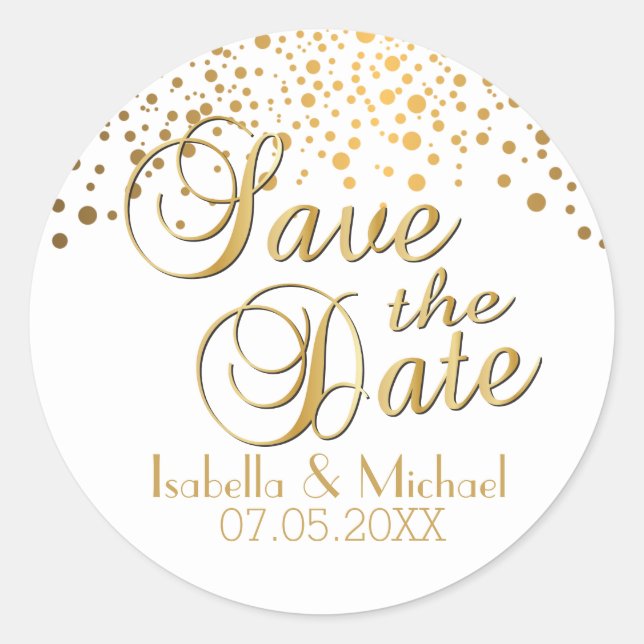 Save the Date | Gold Dots | Personalise Classic Round Sticker (Front)