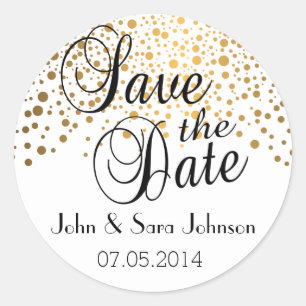 Save the Date Gold Dots Personalise Classic Round Sticker