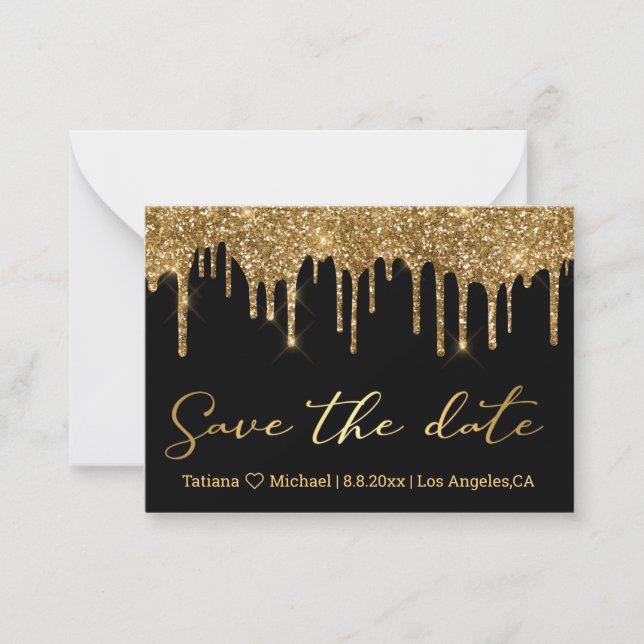 save the date gold dripping glitters black wedding card (Front)