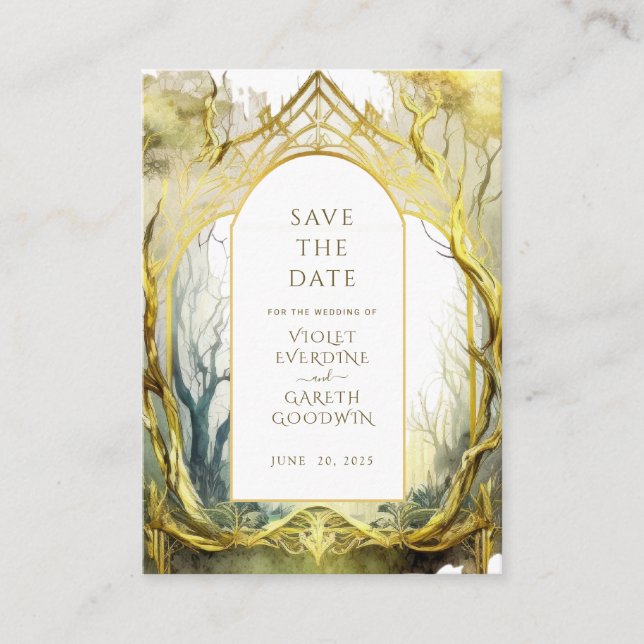 Save The Date Gold Enchanted Forest Wedding Enclosure Card (Front)