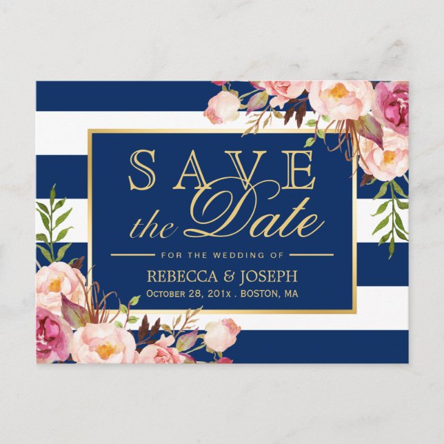 Save the Date - Gold Floral Navy Blue Stripes Announcement Postcard (Front)