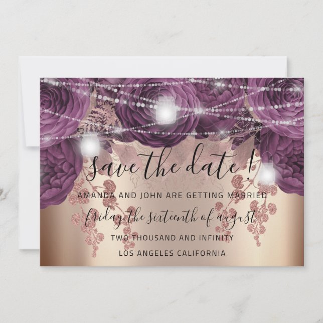 Save The Date Gold Floral Purple Roses Lights   (Front)