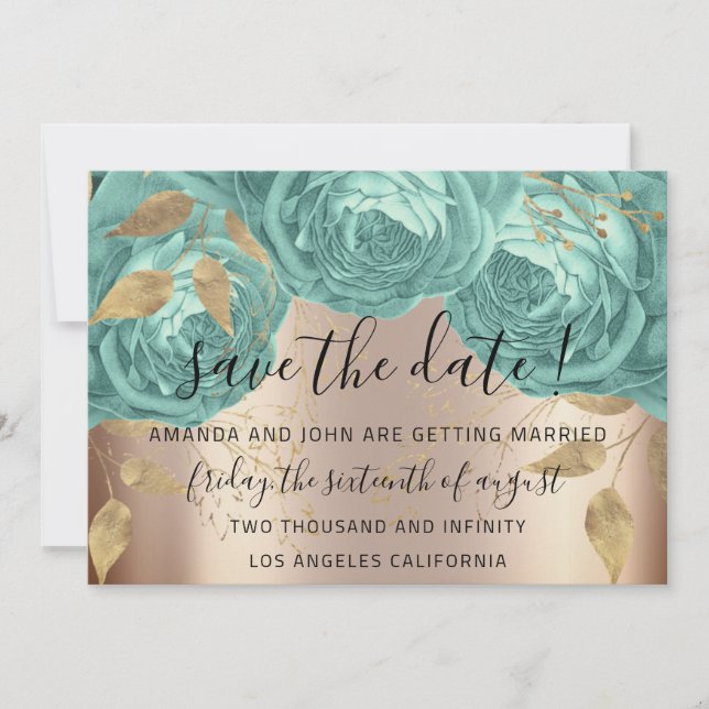 Save The Date Gold Floral Roses Aqua Tiffanyies (Front)