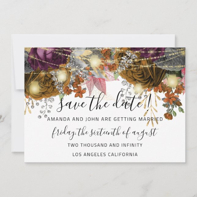 Save The Date Gold Floral Roses Lights White (Front)