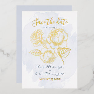 SAVE THE DATE    Gold Gilded Rose on Dusty Blue