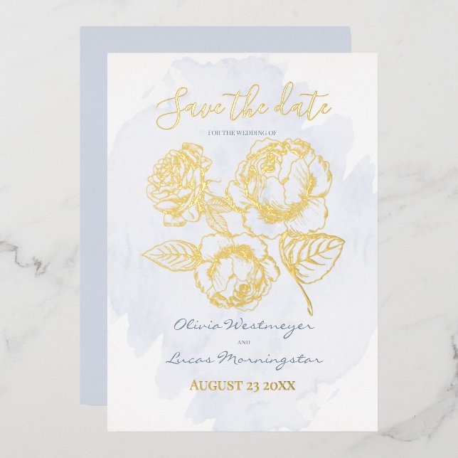 SAVE THE DATE  | Gold Gilded Rose on Dusty Blue (Front/Back)