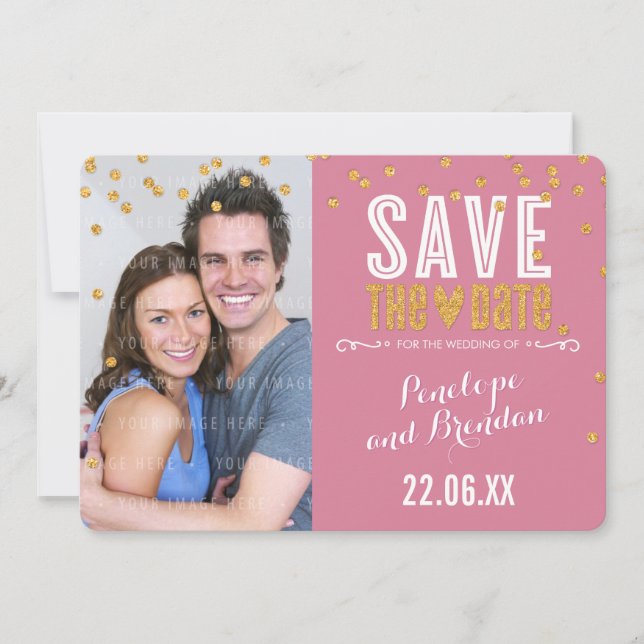 SAVE THE DATE gold glitter confetti rose pink (Front)