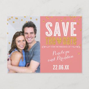 SAVE THE DATE gold glitter confetti trendy coral Announcement Postcard