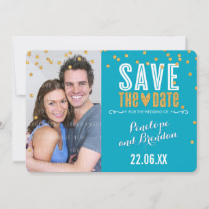 SAVE THE DATE gold glitter confetti turquoise blue