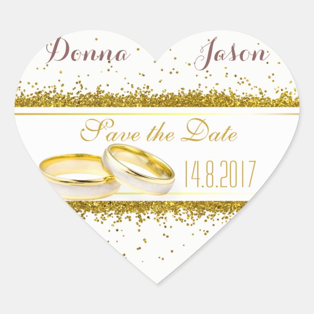 Save the Date Gold Glitter Rings - Heart Sticker (Front)