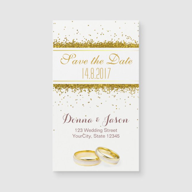 Save the Date Gold Glitter Rings - Magnetic Card (Front)