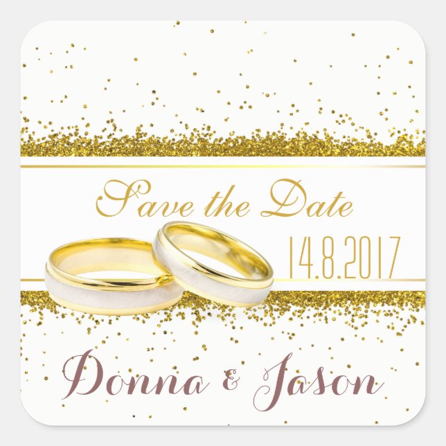 Save the Date Gold Glitter Rings - Square Sticker (Front)