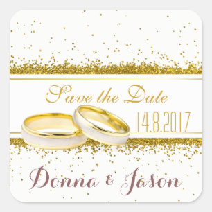 Save the Date Gold Glitter Rings - Square Sticker