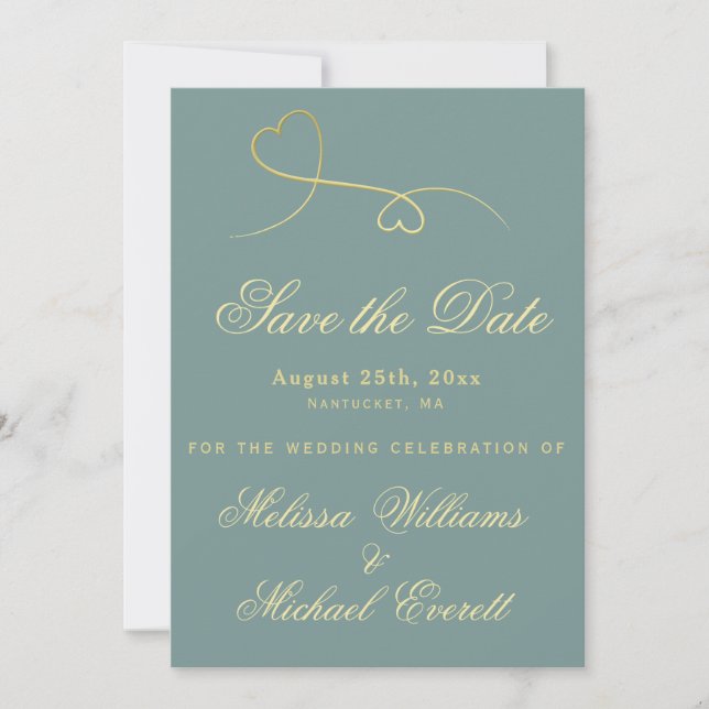 Save the Date - Gold Hearts Emerald Green Wedding (Front)