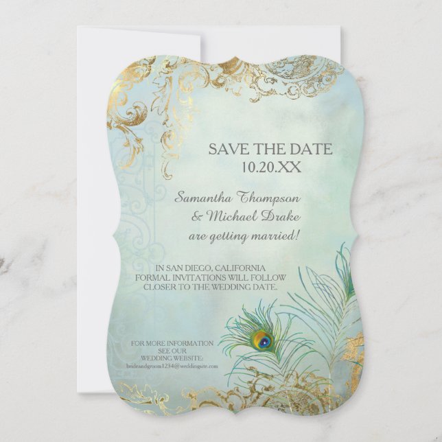 Save the Date Gold Leaf Peacock Feather Elegant Invitation (Front)