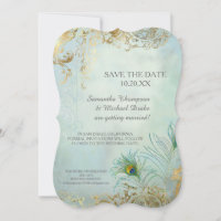 Save the Date Gold Leaf Peacock Feather Elegant