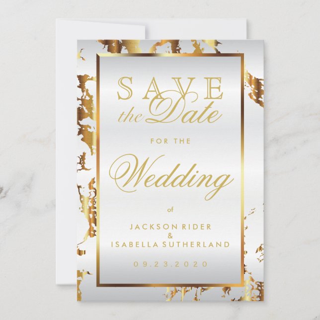 Save the Date Gold Marble and White Satin (Front)