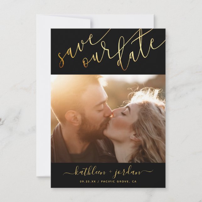 Save the Date Gold Script Wedding Announcement (Front)