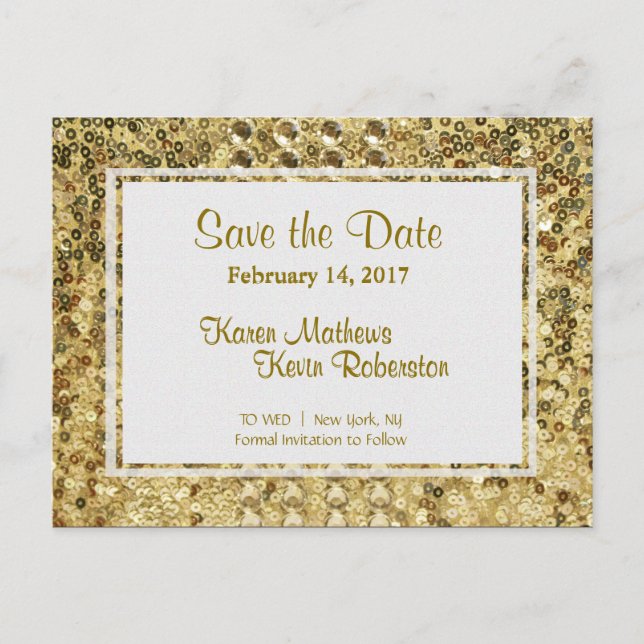 Save the Date | Gold Sequins Announcement Postcard (Front)