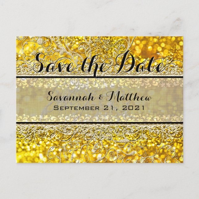 Save The Date Gold Sparkle Announcement Postcard (Front)