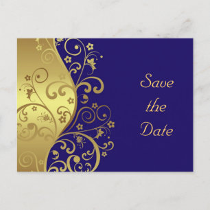 Save the Date--Gold Swirls & Dark Blue Announcement Postcard